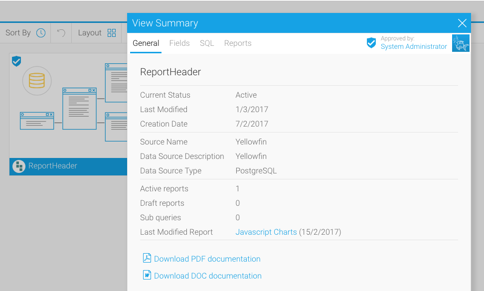 summary of report header and expert request approver in Yellowfin bi