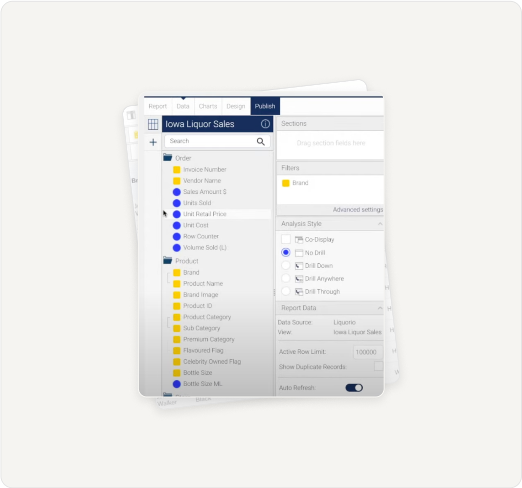 Yellowfin BI: análise incorporada totalmente personalizável Yellowfin embedded analytics interface, demonstrating dashboard options for white-labeled sales dashboard